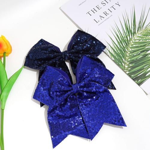 1 Pcs 8" Large Sequin Cheer Bows Clips, Cheerleading Glitter Hair Bow with Alligator Clips Hair Accessories for Cheerleaders Football Competition Sports (Blue)