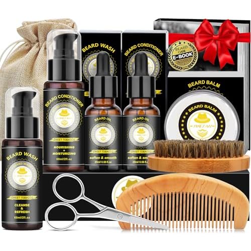 XIKEZAN Gifts for Men, Beard Kit for Mens Care & Grooming with Sweet Tobacco Beard Oils,Wash,Conditioner,Balm,Brush,Comb,Scissors,Cool Birthday Valentines Fathers Christmas Gifts for Men Him Husband