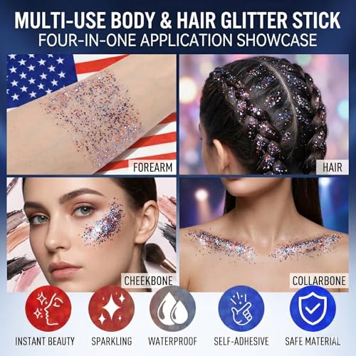 Red White Blue Glitter Stick for Face & Body Makeup