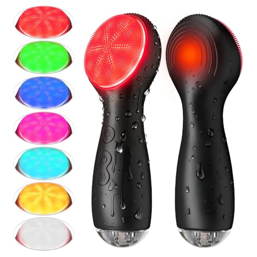 Facial Cleansing Brush, Face Scrubber, Electric Face Brush with 7 Colors, Rechargeable Waterproof Exfoliator with Heat and Vibration, Deep Cleansing and Massage for Men and Women(Black)