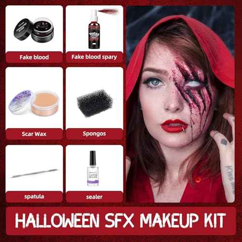 SFX Makeup Kit Scars Wax, Fake Blood Spray, Professional Scar Wax&Blood Effects Set with Coagulated Blood Gel&Spray, Metal Spatula, Sealer & Black Sponge for Realistic Halloween Zombie, Vampire Wound