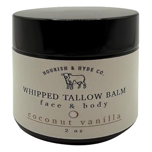 Nourish & Hyde Co. 100% Grass-Fed Tallow Whipped Balm & Lotion ? 2 oz | Moisturizer for Face & Body | Beef Tallow for Skin | No Seed Oils, Handcrafted in USA (Coconut Vanilla)