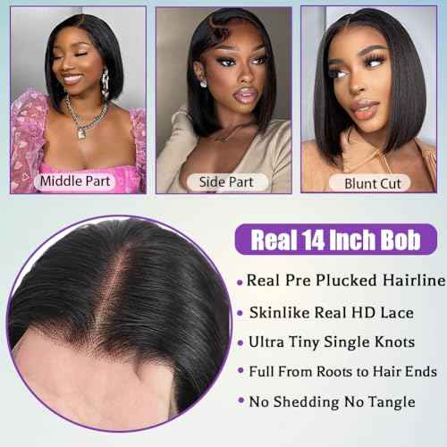 14 Inch Bob Wig Human Hair 13x6 Hd Transparent Lace Front Wigs Human Hair Pre Plucked Glueless Bob Wig 180% Density Short Straight Bob Wigs For Women