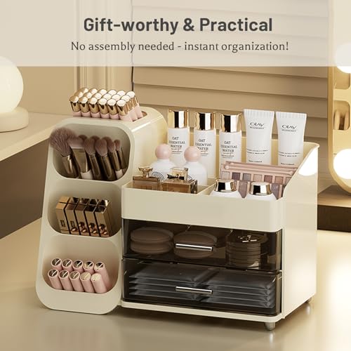 Aveniee Cream White Makeup Organizer with Drawers & Compartments, Vanity Storage for Cosmetics & Skincare