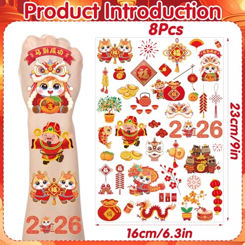 Chinese New Year Temporary Tattoos, 200+ Chinese New Year Decorations Favors Supplies 2026, Horse Lunar New Year Tattoo Stickers Gifts, Red Envolopes Holiday Festival Supplies Rewards Prizes