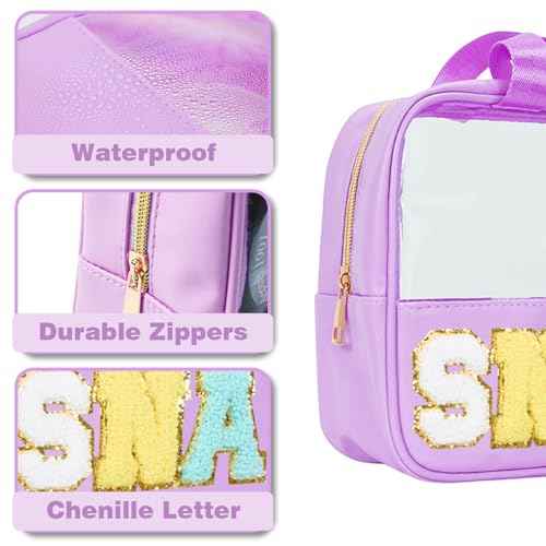 Snack Bags Chenille Letter Patch Clear Bag for Travel, Preppy Cosmetic Bag Snack pouch with Zipper, Toiletry Bag for Traveling Women, Clear Travel Bags for Toiletries (Deep Purple)