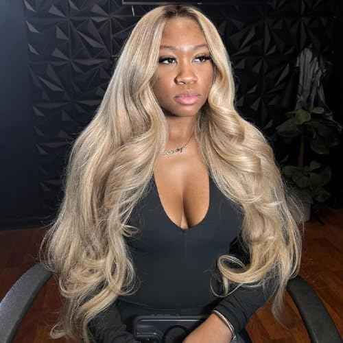 Ombre Light Ash Blonde Lace Front Wig Human Hair 210% Density Milk Tea Blonde Hair with Natural Growth Brown Roots 13x4 HD Body Wave Wig Pre Plucked Multi-Color Wigs for Any Occasion 26 Inch