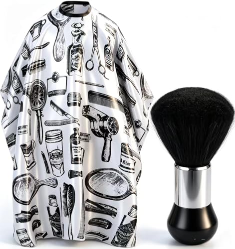 Professional Hair Cutting Cape with Neck Duster Brush - White Floral