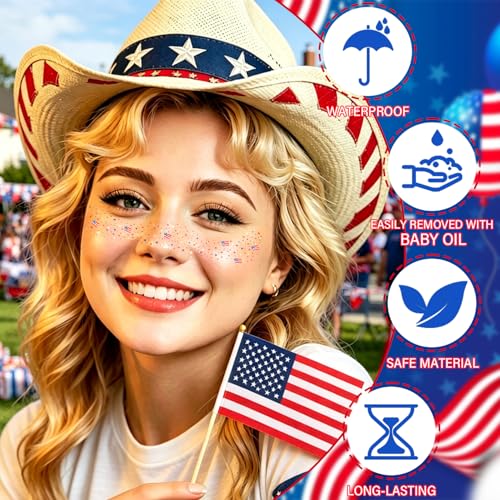 8Pcs USA Flag Glitter Freckle Stickers - Waterproof Temporary Tattoos