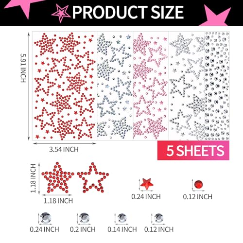 Self Adhesive Star Face Gems Stickers – 5 Sheets Y2K Rhinestone Jewels