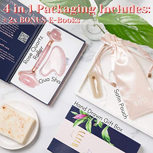 WITTY Rose Quartz Roller for Face, Gua Sha Stone Set in Hand-Drawn Giftbox - Jade Face Roller, Massager Roller, Face Scraper Tool - Guasha Tool for Face Roller Skin Care, Eyes, Neck - Extra Pouch