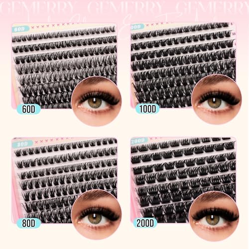 GEMERRY Lash Clusters 60D 80D 100D 200D Eyelashes Clusters Extensions 8-16mm Individual Lashes D Curl Fluffy Wispy False Eyelashes Cluster Lashe DIY Cluster for Beginners