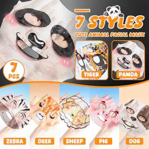 7 Packs Cute Animal Character Design Facial Masks, Deep Hyrating Spa Masks for All Skin Types, Gift for Kids' Birthady Party, Girl's Night, Enjoy Skincare Life