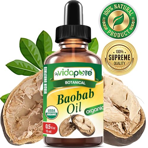 MYVIDAPURE Organic BAOBAB OIL Certified Organic 100% Natural Pure VIRGIN UNREFINED for Skin, Face, Hair, Lip and Nail Care (0.5 Fl Oz)