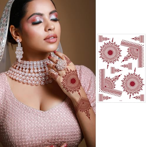 Brown Temporary Tattoo Stickers, 9 Sheets Red Brown Waterproof Tattoo Stickers for Women Wedding Party Festival Lotus Mandala Flower Temporary Tattoos