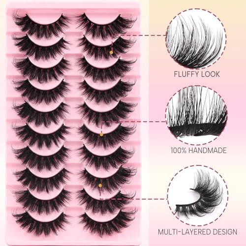Ahrikiss Lashes Fluffy Cat Eye Lashes 5D Volume False Eyelashes That Look Like Extensions 10 Pairs Soft Wispy Fake Eyelashes Faux Mink Lashes (D18)