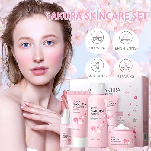 Skin Care Set for Women Girls, Cherry Blossoms Beauty Gift Sets Skin Care Kit with Cleanser, Face Serum, Face Cream,Toner,Eye Cream,Skin Care Routine Kit