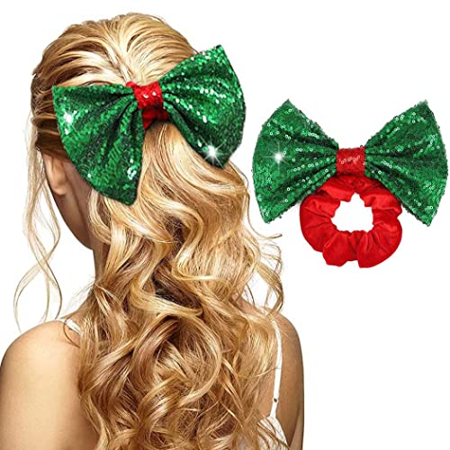 CAKURE Christmas Bow Hair Scrunchies Green Bowknot Hair Ties Red Velvet Scrunchy Elastic Hair Band Hair Bow Scrunchy Ponytail Holder Xmas Hair Accessories for Women and Girls (Type A)