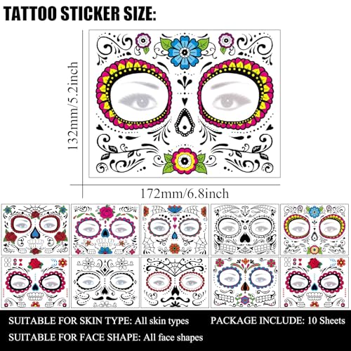 Day of the Dead Temporary Face Tattoos - 10 Sheet Kit