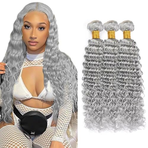 Grey Deep Wave Human Hair 3 Bundles 30-34 Inch