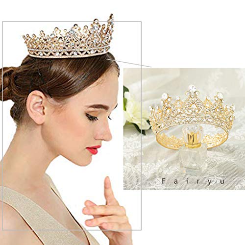 Foyte Baroque Gold Crown Tiara with Rhinestones for Brides