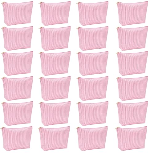 24 PACK Makeup Bags Bulk-Easter Gifts/Seersucker Bulk Cosmetic Bags/Bridesmaid Proposal Gifts/Makeup Pouch for Wedding Party Favors Birthday/Teacher/Mothers Day Gifts/Toiletry Travel Bags(24, Pink)