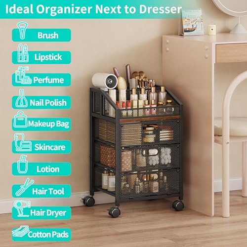 HapiRm Rolling Makeup Organizer Cart with 3 Drawers and Top Compartments, Under Desk Vanity Storage, Black