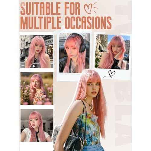 Pink Glueless Lace Front Wig For Women | 26 Inch Long Straight Layered Synthetic Wig With Curtain Bangs | Heat Resistant, Wear & Go, No Glue Needed | Cosplay & Daily Use