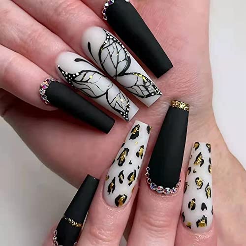 Magrace Press on Nails Long Square Fake Nails French False Nails with Designs 24 pcs Stick on Nails for Women