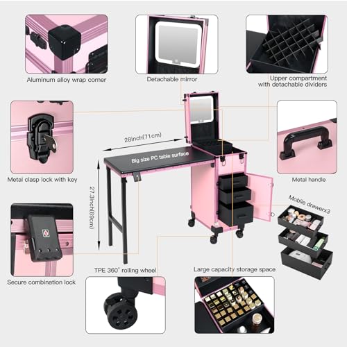 Rolling Manicure Table with Mirror & 3 Drawers, Lockable
