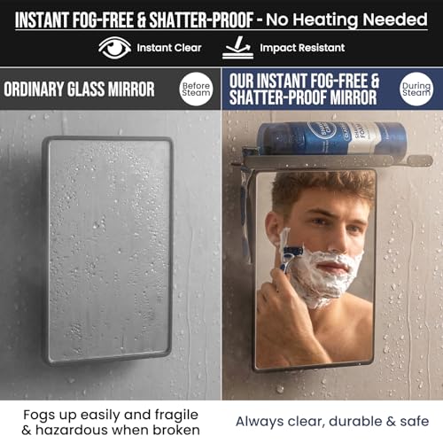 TAILI Fogless Shower Mirror with Storage Tray – 9.8 x 10.1 in, Light Gray, Rectangular