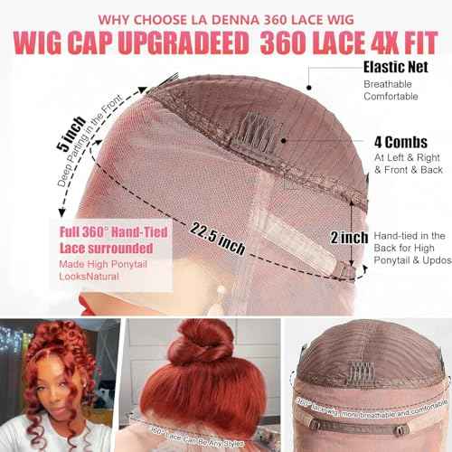 Reddish Brown 360 Body Wave Lace Front Wigs Human Hair 200% Density Pre Plucked Ginger Brown Human Hair Lace Front Wigs HD Transparent 360 Lace Frontal Colored Wigs Human Hair for Women 24 inch