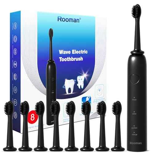 Rooman Oscillation&Vibration Sonic Electric Toothbrush for Adults, with 8 Brush Heads for Travel & Teeth Care, 20000 VPM, 3 Cleaning Modes, 2-Minute Timer, IPX7 Waterproof (Black)
