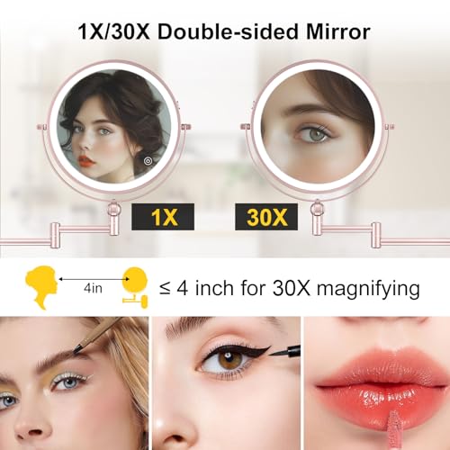 ZLOKLA 9" Wall Mounted Lighted Makeup Mirror - 1X/30X Magnification, Rechargeable, 360° Rotation, Touch Dimmable, 3 Color Lights