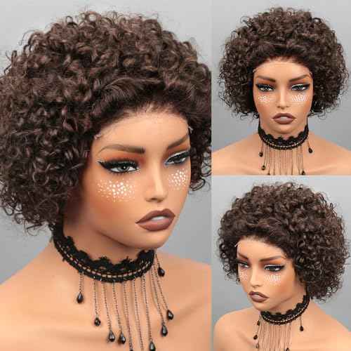 Short Curly Pixie Cut Wig Human Hair Chocolate Brown 5X5 Glueless Wigs Human Hair Pre Plucked Pre Cut Brazilian Brown Pixie Wigs for Black Women 8 Inch
