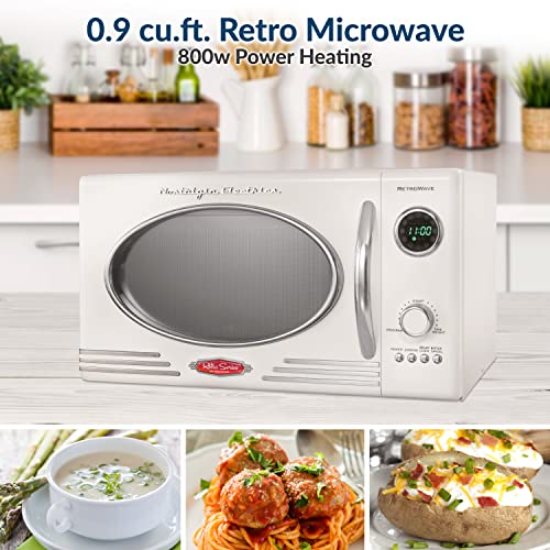 Nostalgia Retro Countertop Microwave Oven - Large 800-Watt - 0.9 cu ft - 12 Pre-Programmed Cooking Settings - Digital Clock - Kitchen Appliances - Ivory