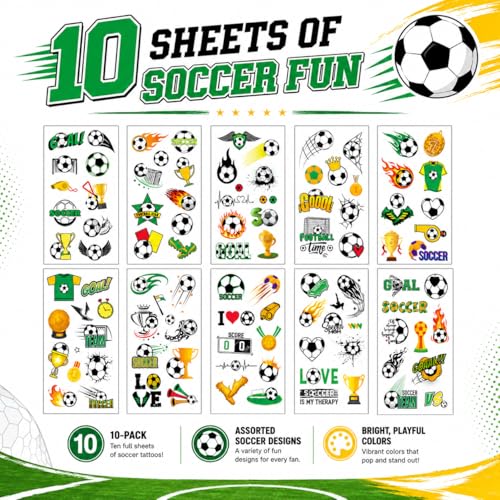 Soccer Temporary Tattoos - 10 Sheets 100+ Designs