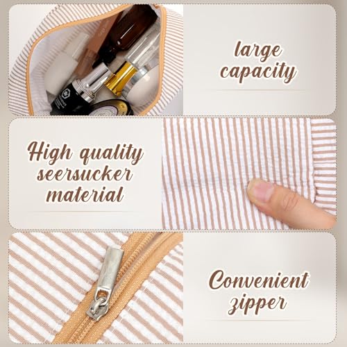 6 Seersucker Makeup Bags for Women - Large, Khaki - 8.46 x 5.51 x 3.54 in, 6 Pack