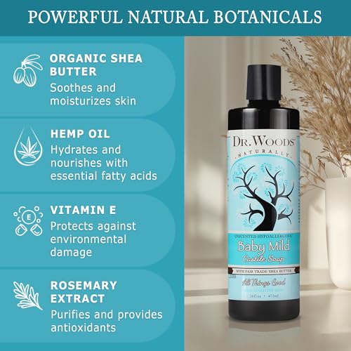 Dr. Woods Unscented Baby Mild Liquid Castile Soap - Gentle Cleanser with Organic Shea Butter, Natural Soap for Sensitive Skin - Paraben, Sulfate, and Phthalate Free - 16 Fl Oz