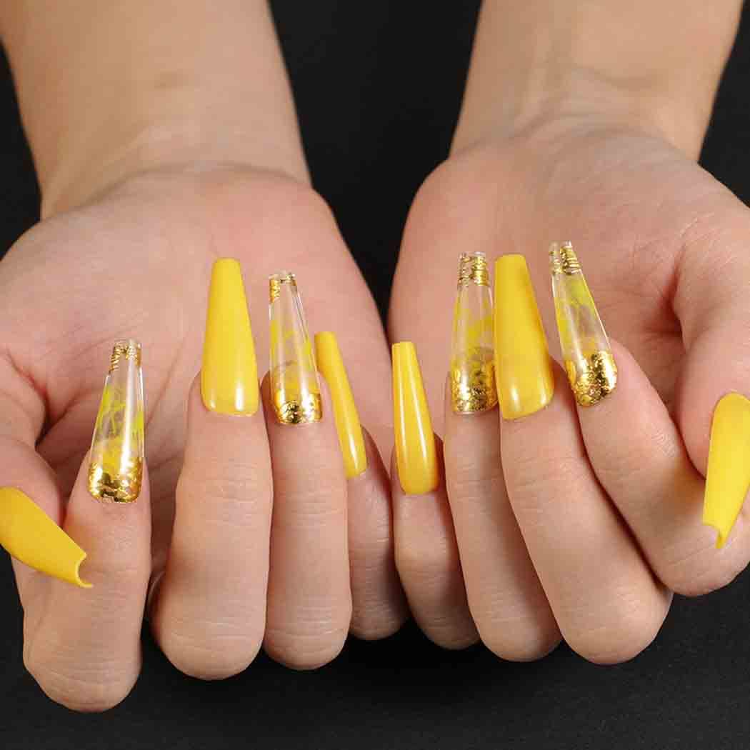 Outyua Glossy Smoke Pattern Fake Nails Coffin Yellow Extra Long Press on Nails with Design Ballerina Acrylic Super Long False Nails Designer Full Cover Artificial Nails for Women and Girls 24Pcs (Yollow)