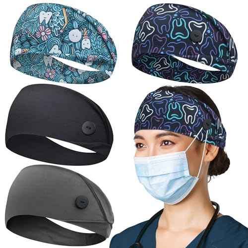 ABAMERICA Headbands with Button for Mask, Wide Nurses Headbands Non Slip Elastic Ear Protection for Women Men Doctors Sweatband Headband
