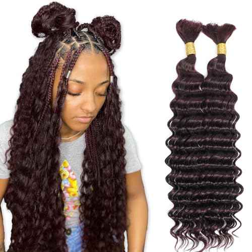 DMKEEP Burgundy Top Grade Human Braiding Hair 2 Bundles 100g Human Hair Braiding Hair No Weft Deep Wave Bulk Human Hair for Braiding Hair Extensions 99J 18 Inch