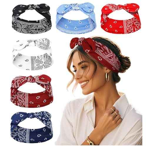 Tobeffect Bandana Headbands for Women Boho Style Paisley Print - Elastic Bow Head Bands for Women¡¯s Hair Non Slip - Wide Headwraps with Bows Vintage, Cute Hairbands Hair Accessories 6 Pack