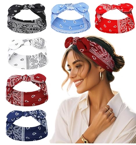 Boho Paisley Bandana Headbands for Women with Bow - 6 Pack