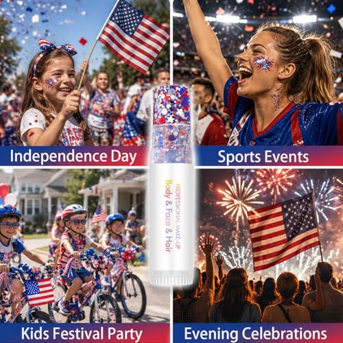 4th of July Red White Blue Body Glitter Stick (2PCS), Waterproof