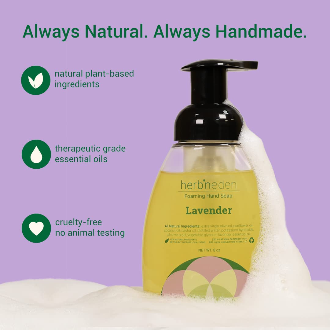 Herb’N Eden Lavender Foaming Hand Soap, Moisturizing for Dry Skin, Gentle Hand Wash, 100% Pure Ingredients, Essential Oils, 8 oz