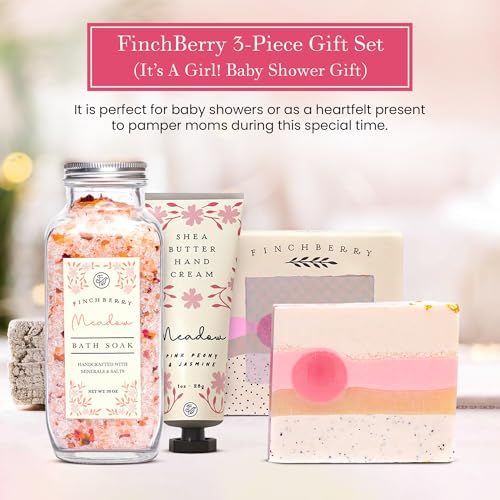 FinchBerry 3-Piece Gift Set - It¡¯s A Girl! Baby Shower Gift, New Mom Care Package, First-Time Mom Gifts, Baby Girl Gift ? Includes Handmade Shea Butter Soap(4.5oz), Bath Soak (20oz) & Hand Cream (1oz)