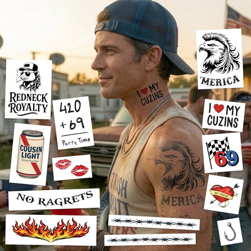 Mens White Trash Temporary Tattoos - 13 Pack Costume Kit