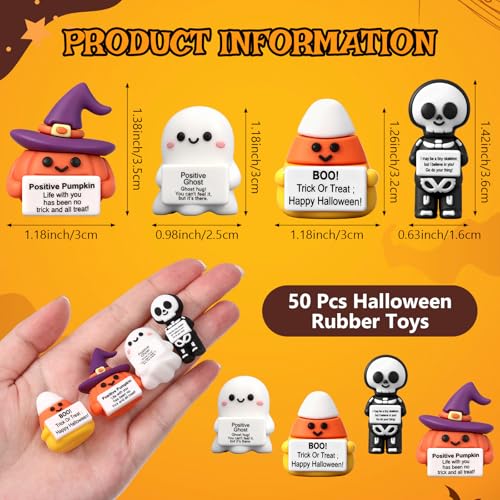 Gejoy 50 Pcs Halloween Mini Rubber Figurines with Motivational Messages - Holiday Decor & Gifts