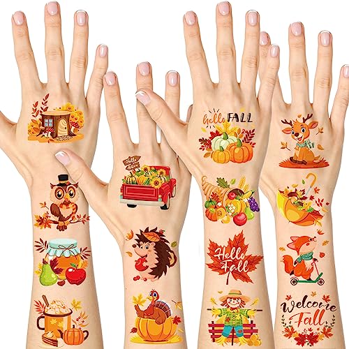 HOWAF 96pcs Fall Temporary Tattoos for Kids, Fall Harvest Face Tattoos for Welcome Fall Hello Autumn Party Decoration Supplies, Autumn Harvest Tattoo Stickers with Pumpkin Scarecrow Design